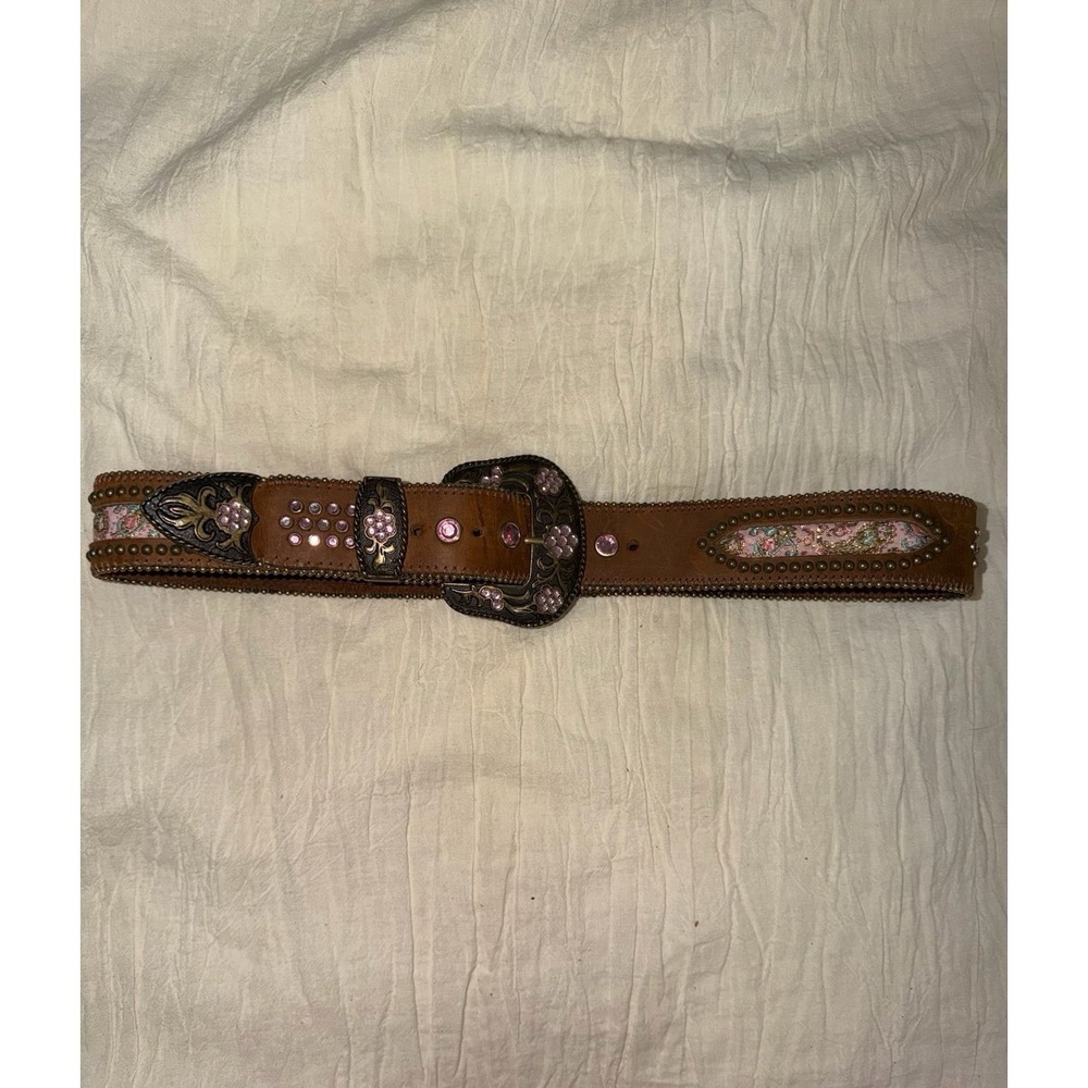 Western leather belt with pink gems and floral tapestry insets